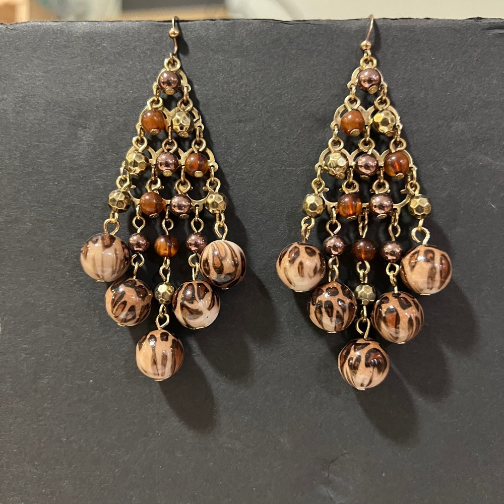 Gold Tone Leopard Print Beaded Chandelier Drop Earrings Boho Animal Print 4.25"